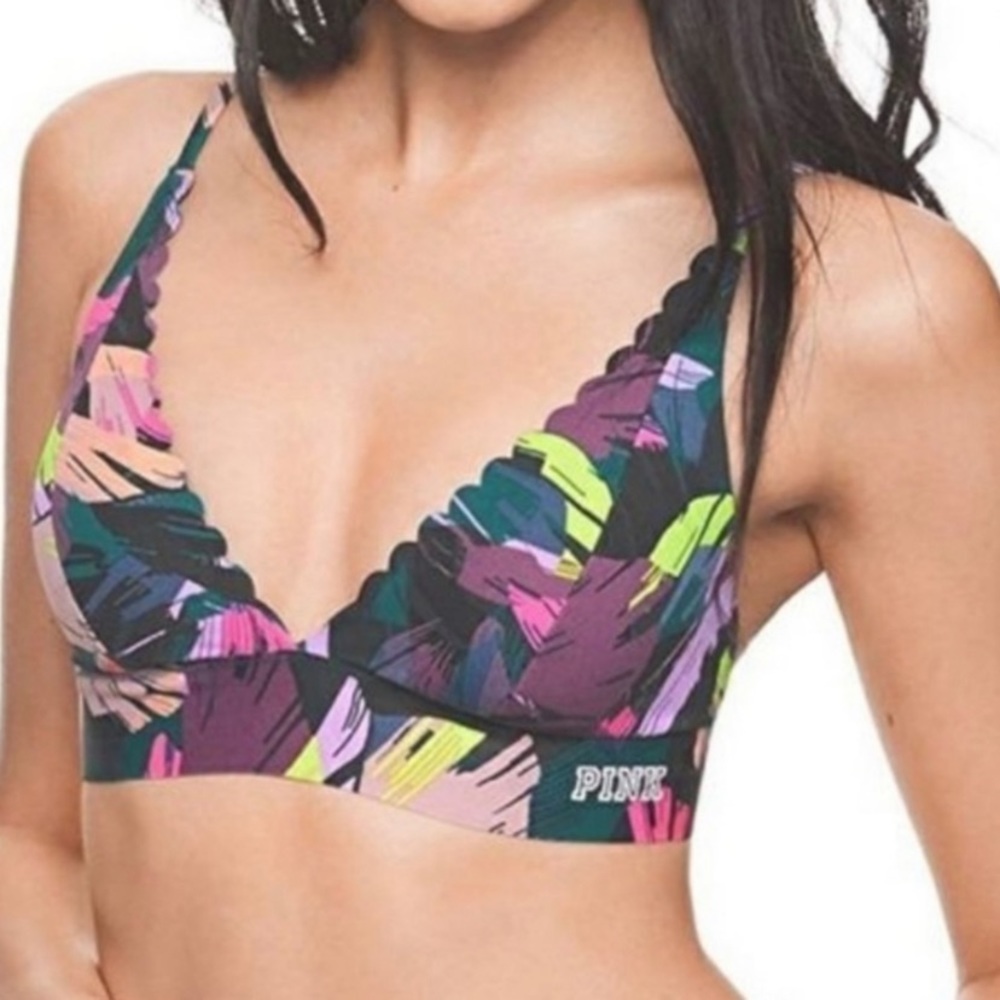 NWT PINK Victoria’s Secret Bonded Scalloped Plunge Bralette Tropical Print Bra